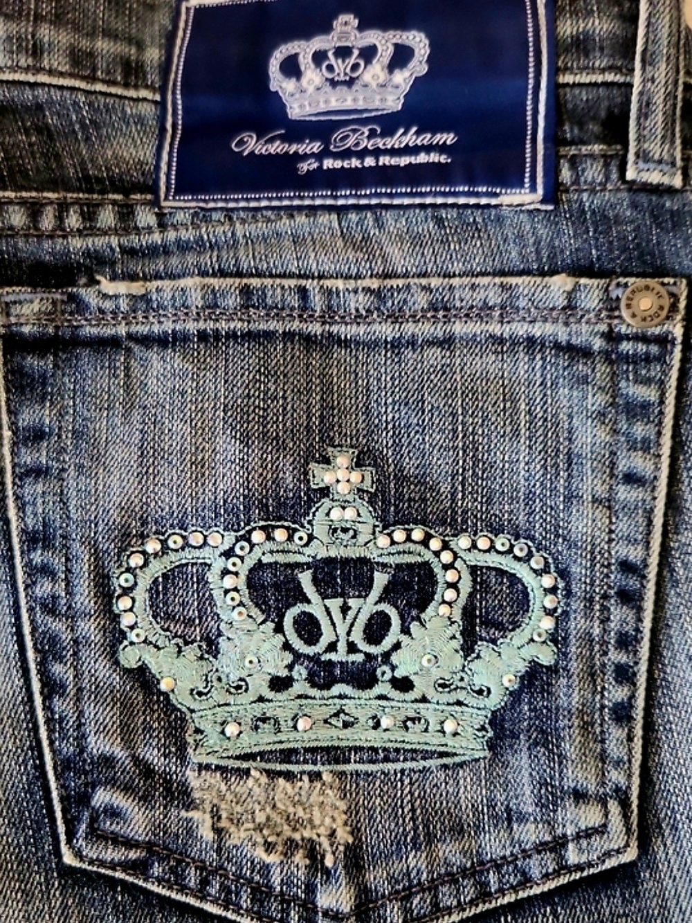 Victoria Beckham Rock & Republic Blue Denim Jeans with Swarovski Crystals 💎